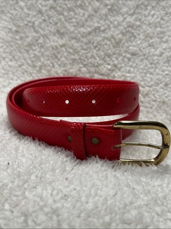 None Accessories - Slim Vegan Leather Red Belt Snake Skin Pattern with Gold Buckle